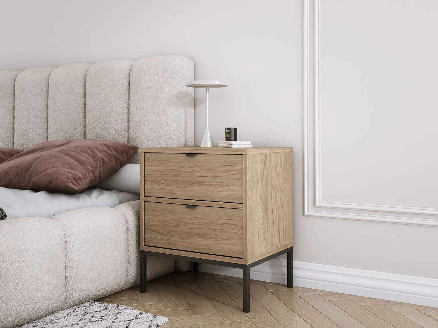 Table de chevet avec deux tiroirs et cadre, poignée dorée, Noyer foncé Rockford, 50 x 40 x 58 cm