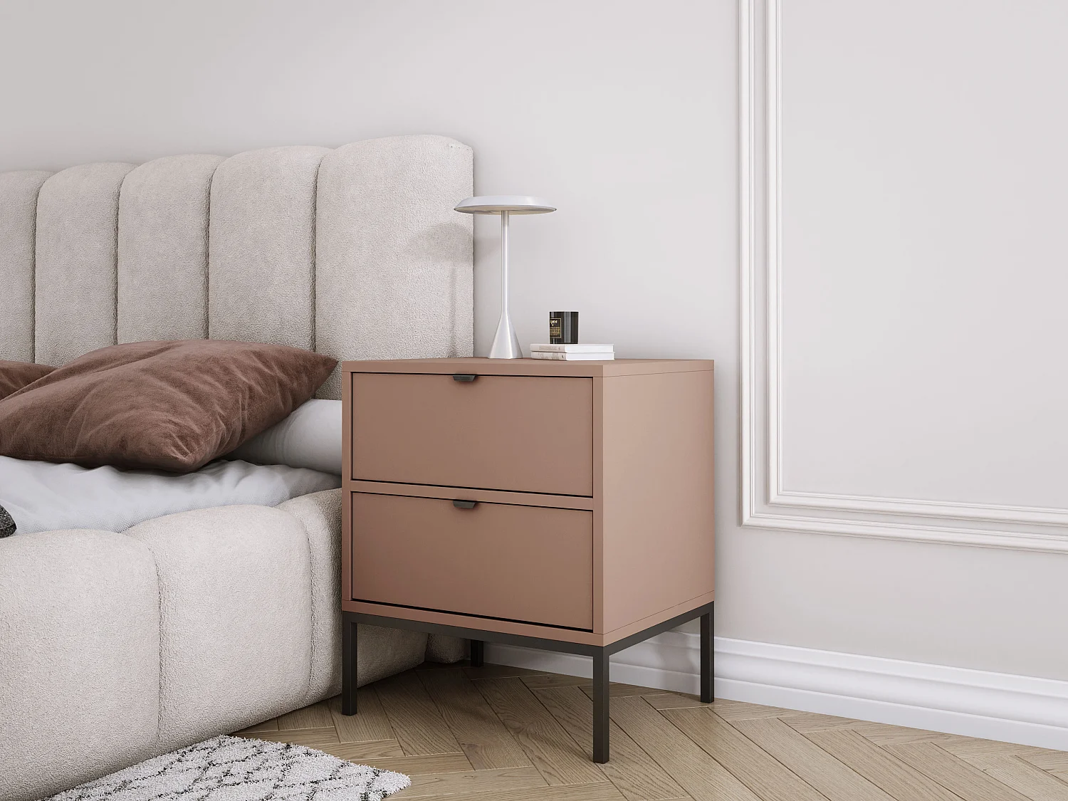 Comodino con due cassetti e struttura, maniglia oro, colore CAJUN, 50 x 40 x 58 cm