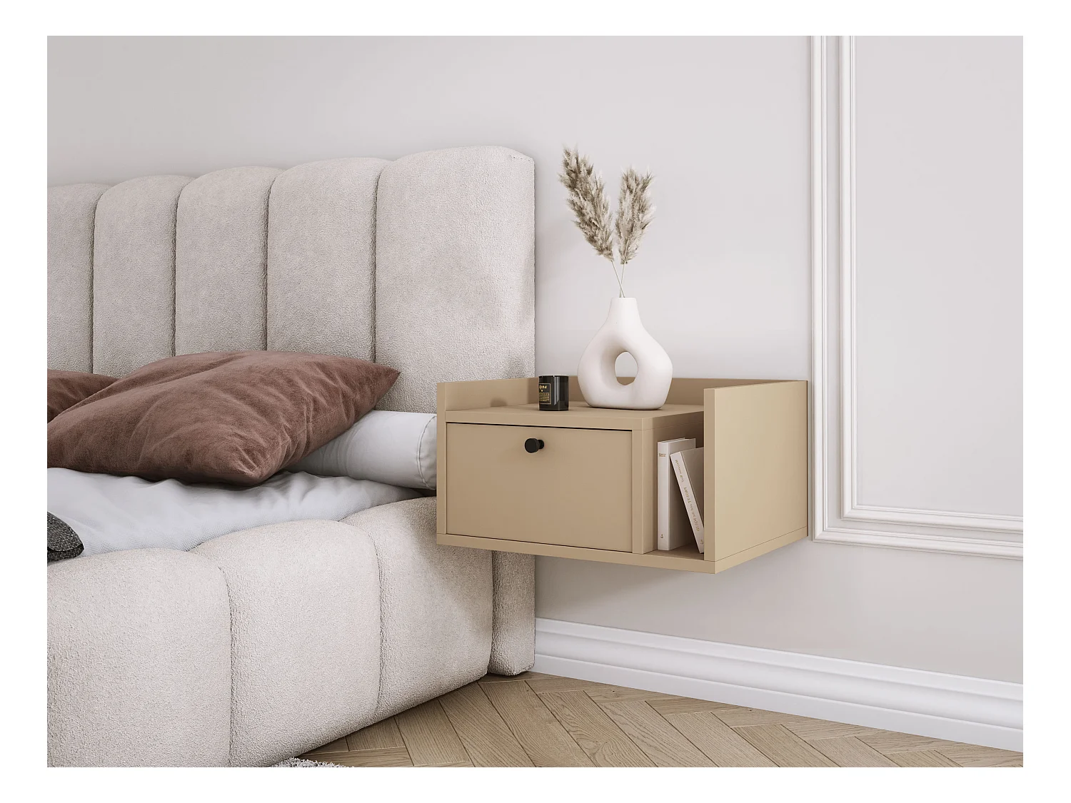Mesa de cabeceira com gaveta e puxador dourado, cor CAPPUCCINO, 50 x 35 x 27 cm, lado esquerdo