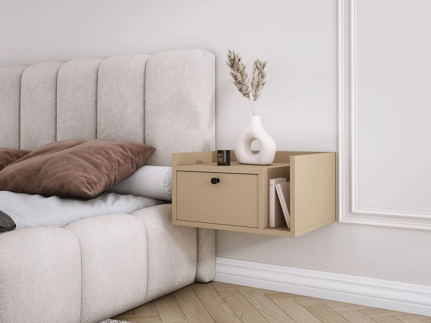 Table de chevet avec tiroir et poignée dorée, Cappuccino, 50 x 35 x 27 cm, côté gauche