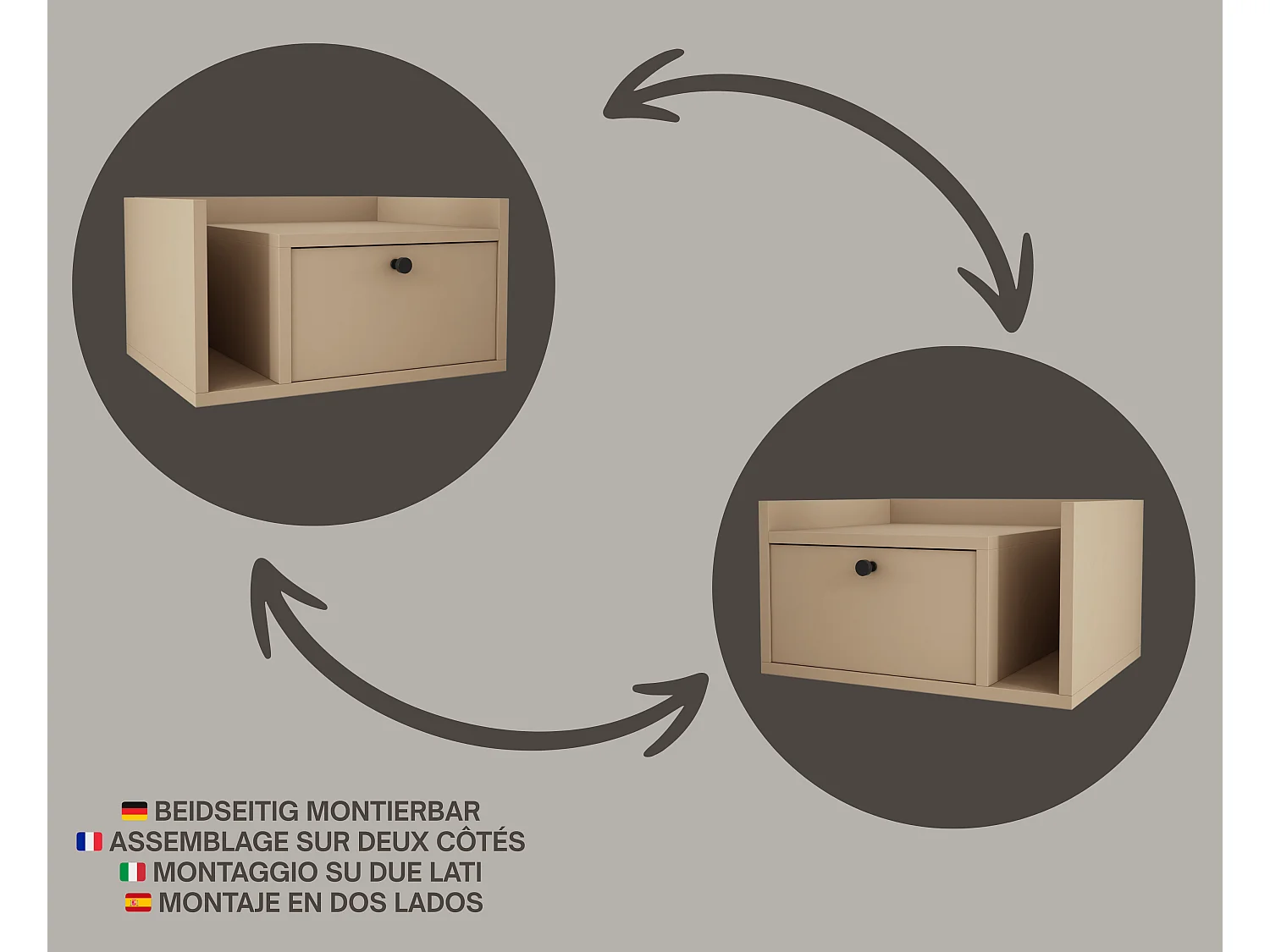 Table de chevet avec tiroir et poignée dorée, Cappuccino, 50 x 35 x 27 cm, côté gauche