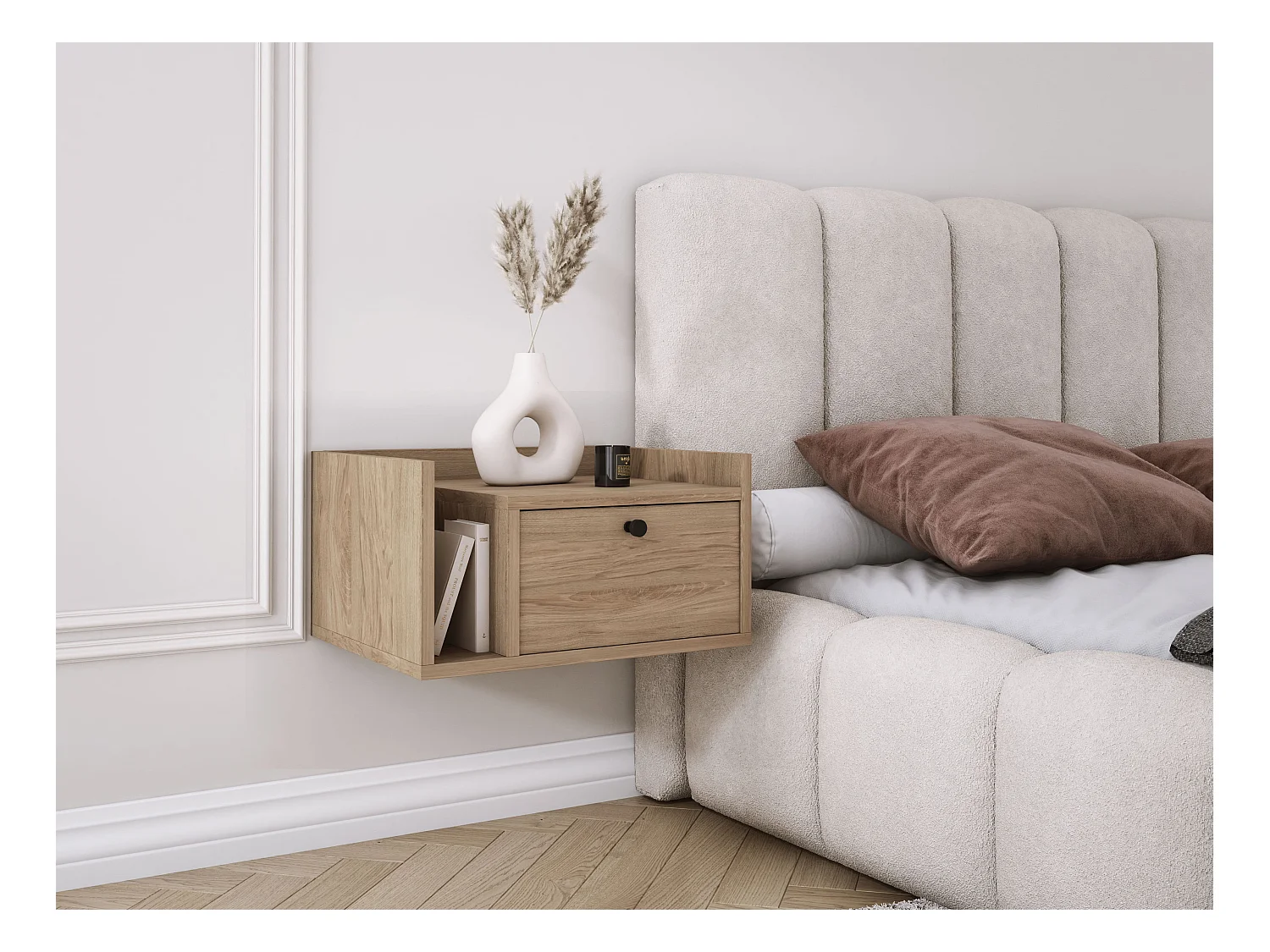 Table de chevet avec tiroir et poignée dorée, Noyer foncé Rockford, 50 x 35 x 27 cm, côté droit