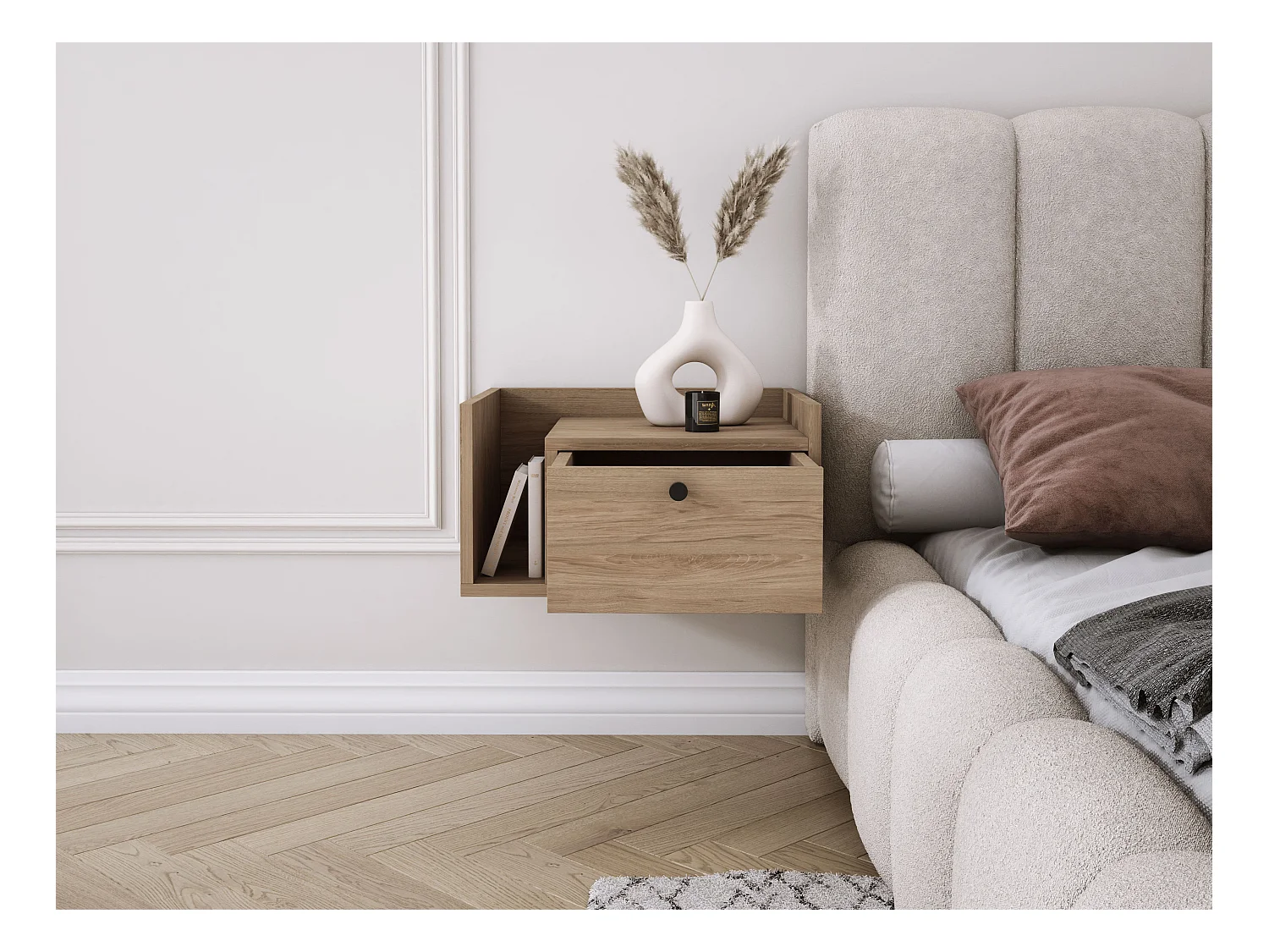 Table de chevet avec tiroir et poignée dorée, Noyer foncé Rockford, 50 x 35 x 27 cm, côté droit