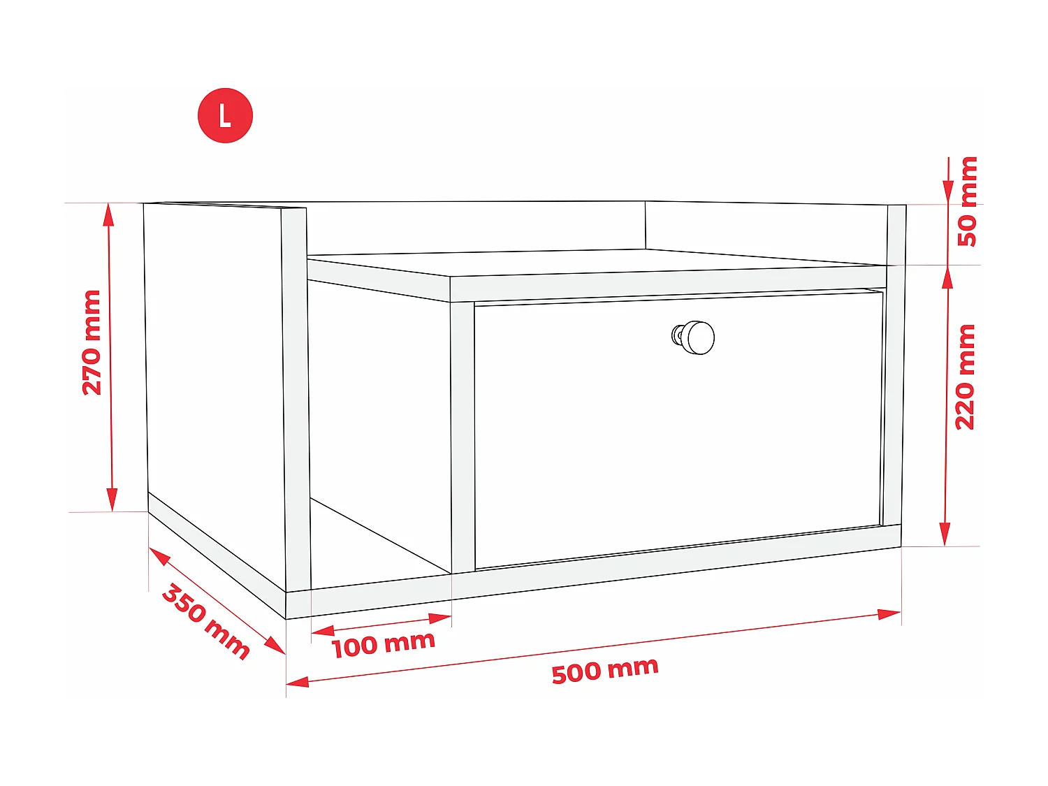 Table de chevet avec tiroir et poignée dorée, Noyer foncé Rockford, 50 x 35 x 27 cm, côté droit
