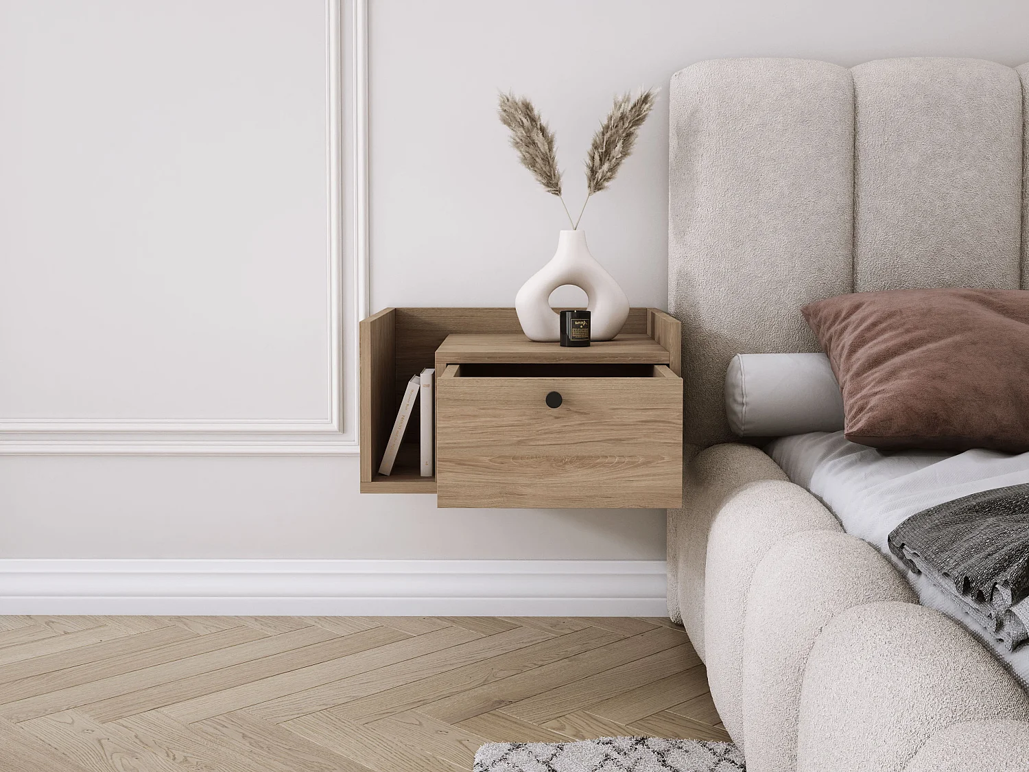 Table de chevet avec tiroir et poignée dorée, Noyer foncé Rockford, 50 x 35 x 27 cm, côté droit