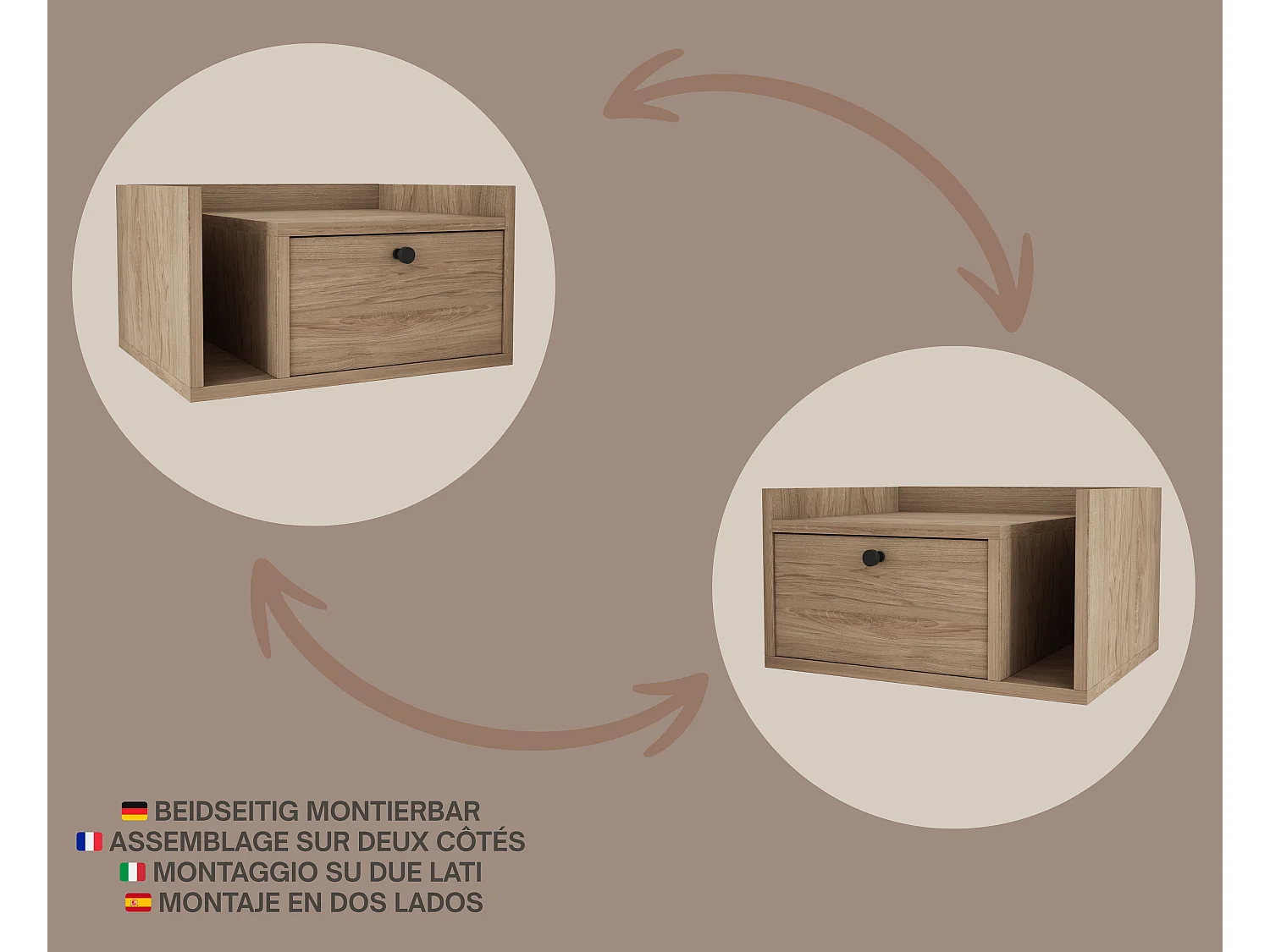 Table de chevet avec tiroir et poignée dorée, Noyer foncé Rockford, 50 x 35 x 27 cm, côté droit