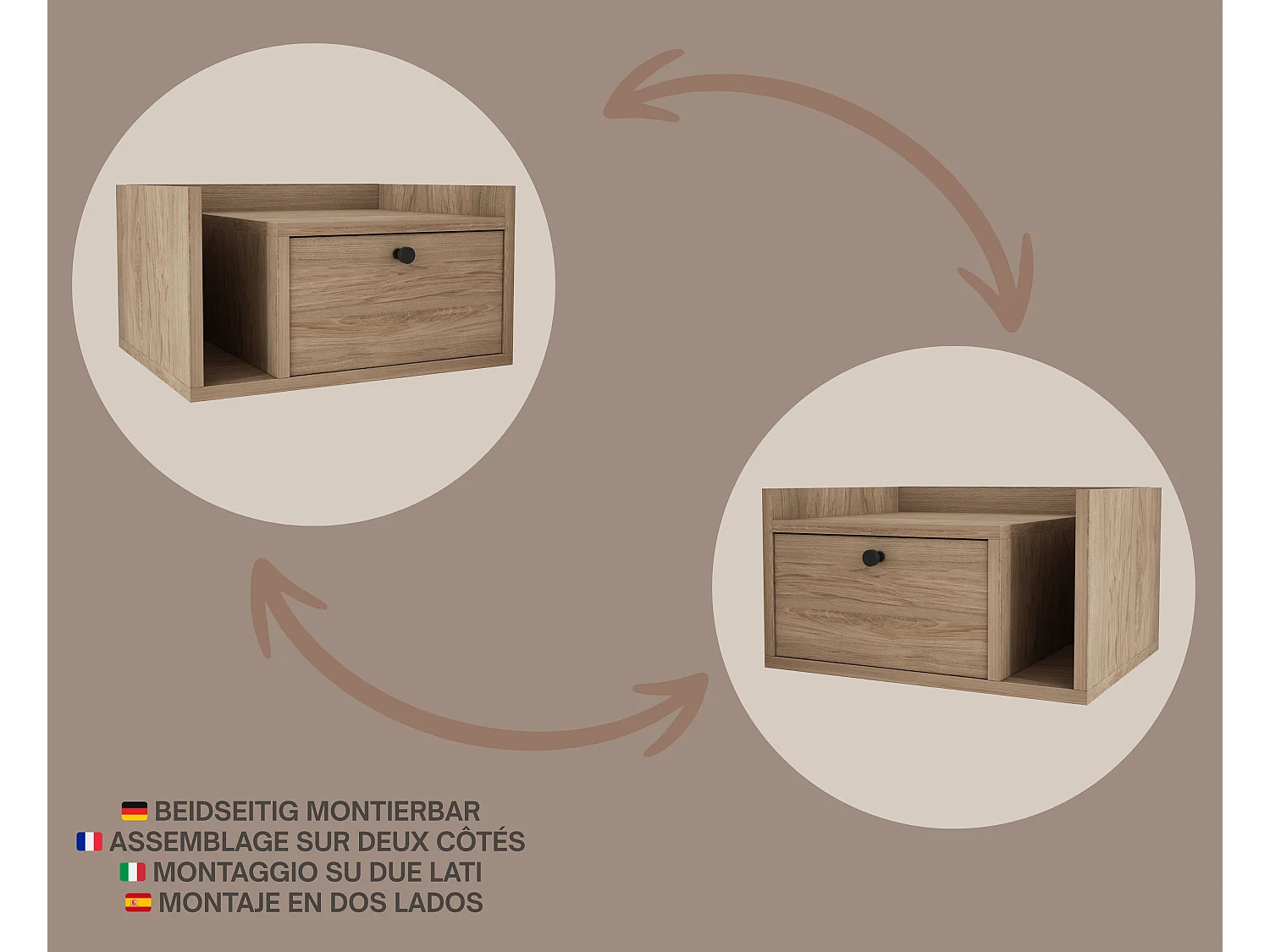 Table de chevet avec tiroir et poignée dorée, Noyer foncé Rockford, 50 x 35 x 27 cm, côté droit