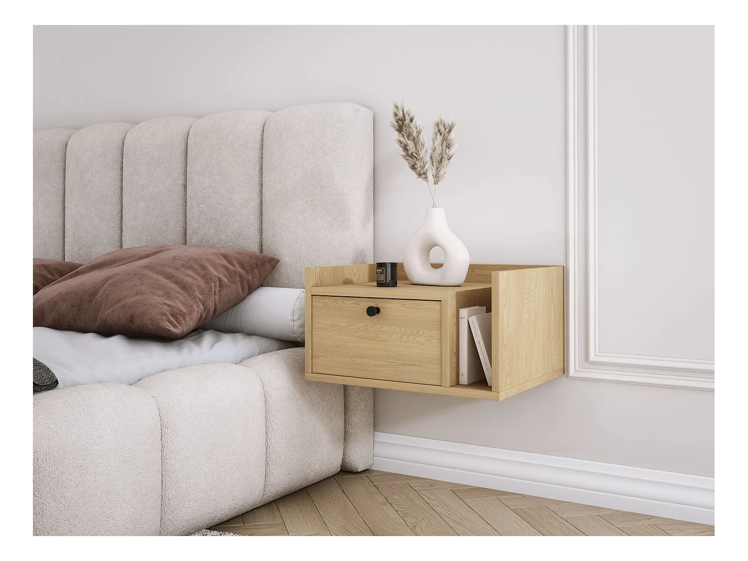 Nachtkastje met lade en gouden handgreep, Cremona eiken, 50 x 35 x 27 cm, linkerzijde