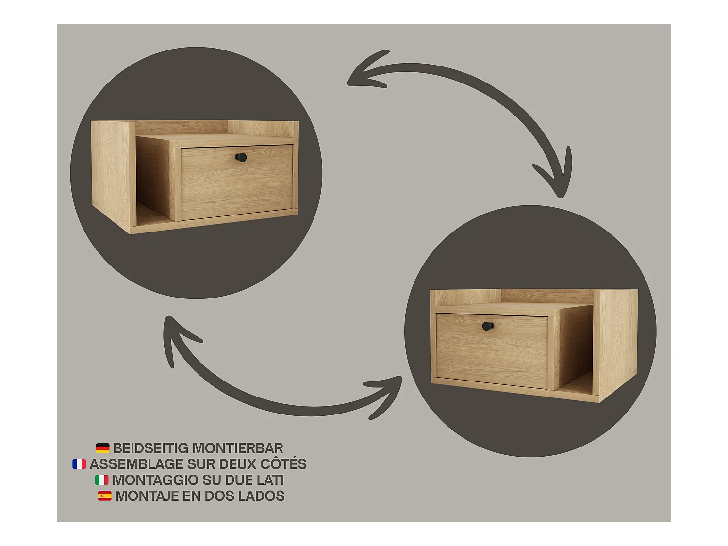 Nachtkastje met lade en gouden handgreep, Cremona eiken, 50 x 35 x 27 cm, linkerzijde