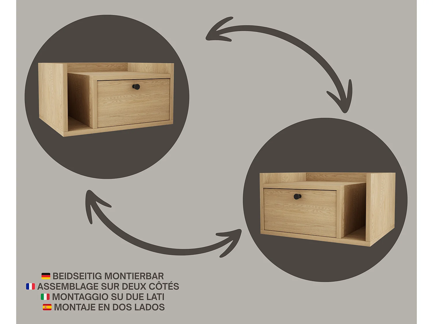 Table de chevet avec tiroir et poignée dorée, Chêne Cremona, 50 x 35 x 27 cm, côté gauche