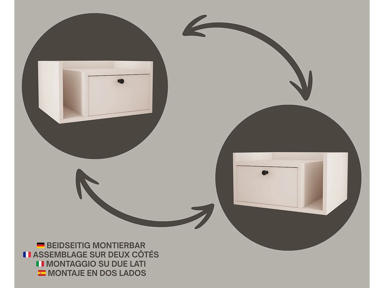 Table de chevet avec tiroir et poignée dorée, Cachemire, 50 x 35 x 27 cm, côté gauche