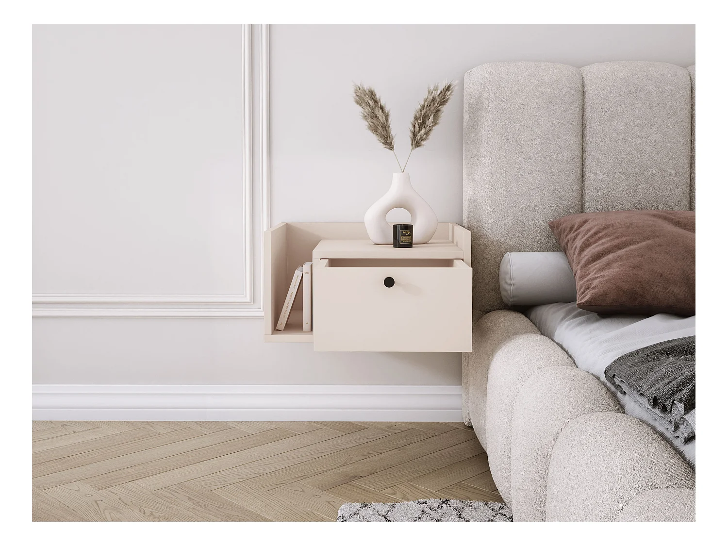 Table de chevet avec tiroir et poignée dorée, Cachemire, 50 x 35 x 27 cm, côté droit