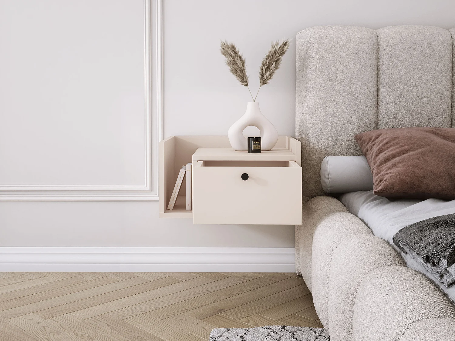 Table de chevet avec tiroir et poignée dorée, Cachemire, 50 x 35 x 27 cm, côté droit