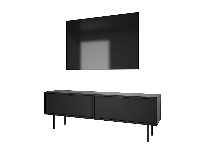 Meuble TV Noir, 45 x 140 x 33cm, poignées noires, pieds 15 cm