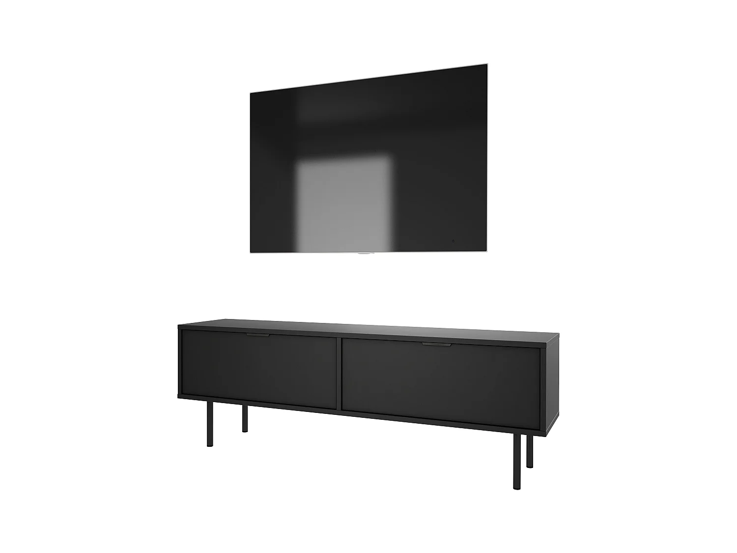 Meuble TV Noir, 45 x 140 x 33cm, poignées noires, pieds 15 cm