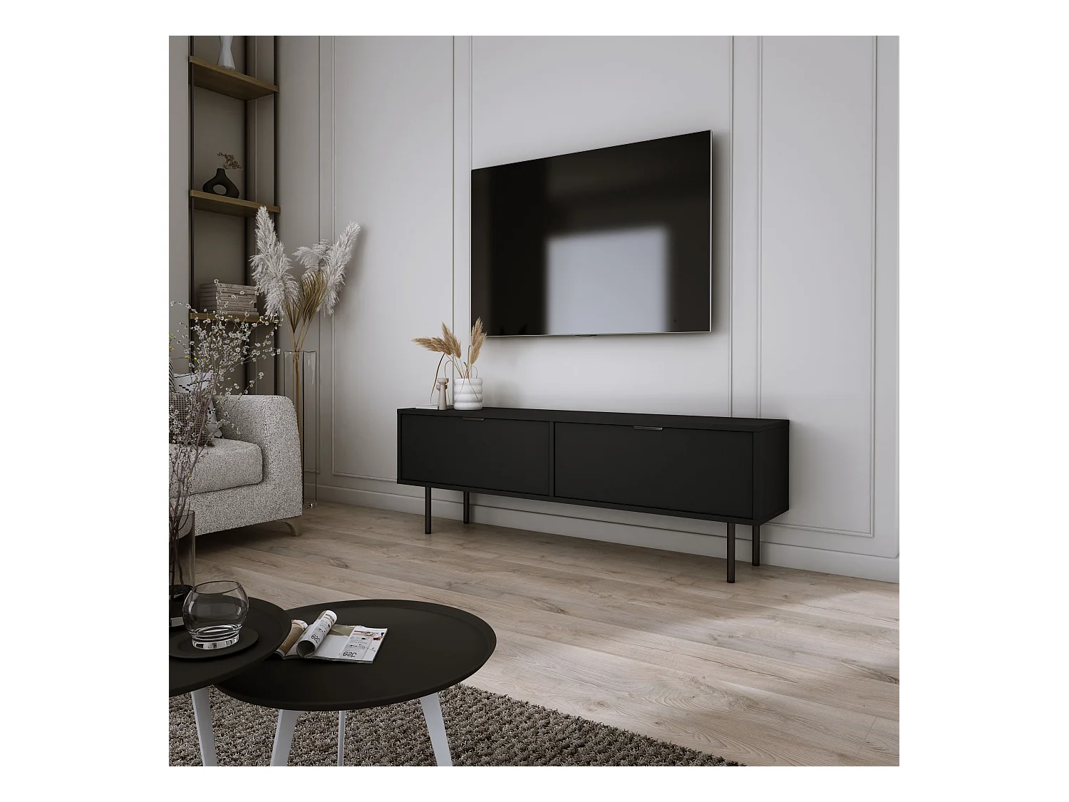 Meuble TV Noir, 45 x 140 x 33cm, poignées noires, pieds 15 cm