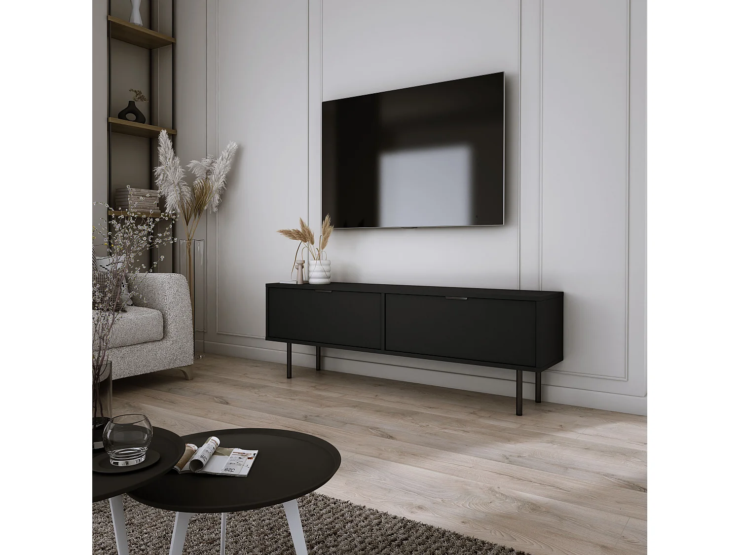 Meuble TV Noir, 45 x 140 x 33cm, poignées noires, pieds 15 cm