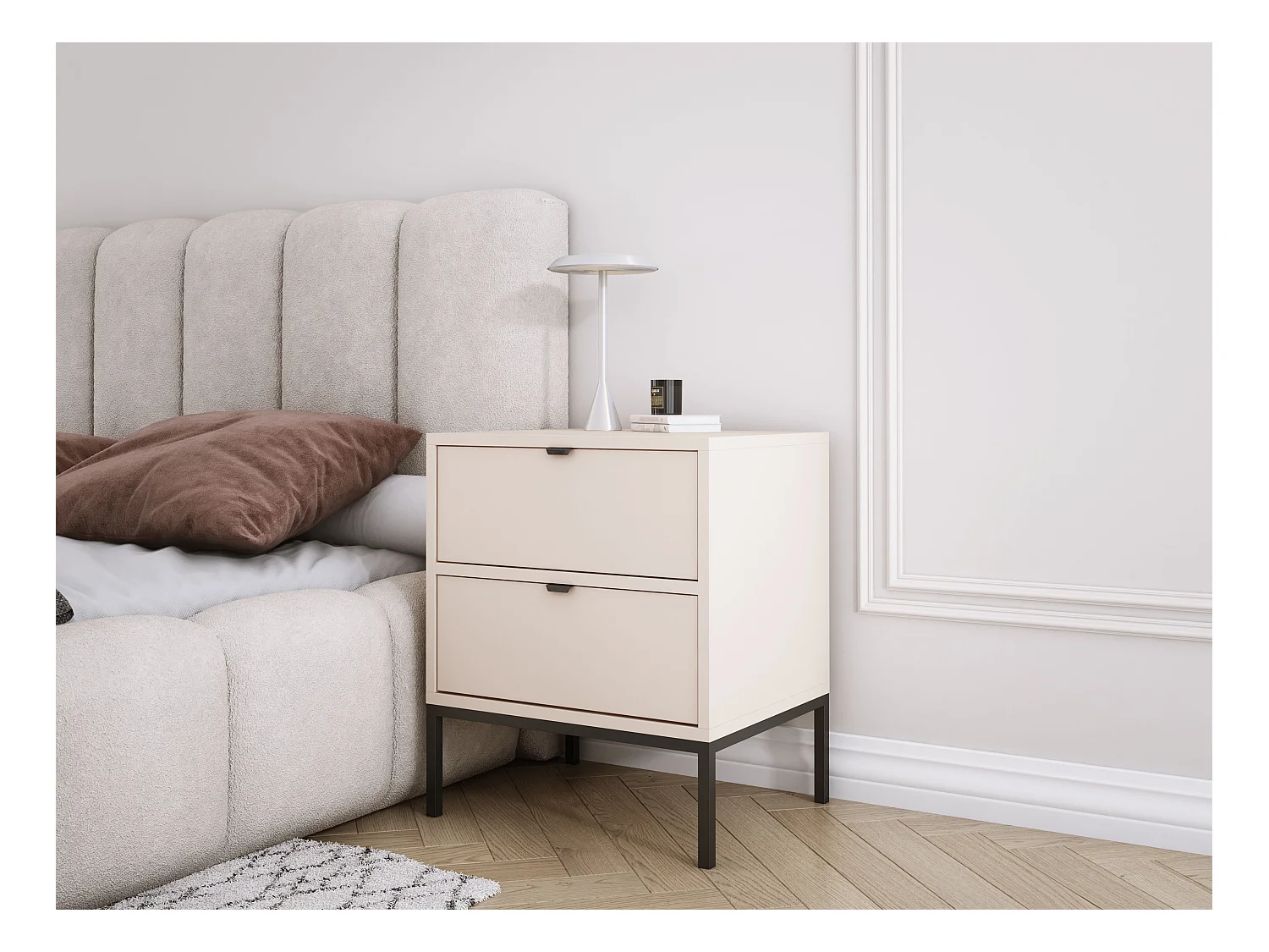 Table de chevet avec deux tiroirs et cadre, poignée dorée, Cachemire, 50 x 40 x 58 cm