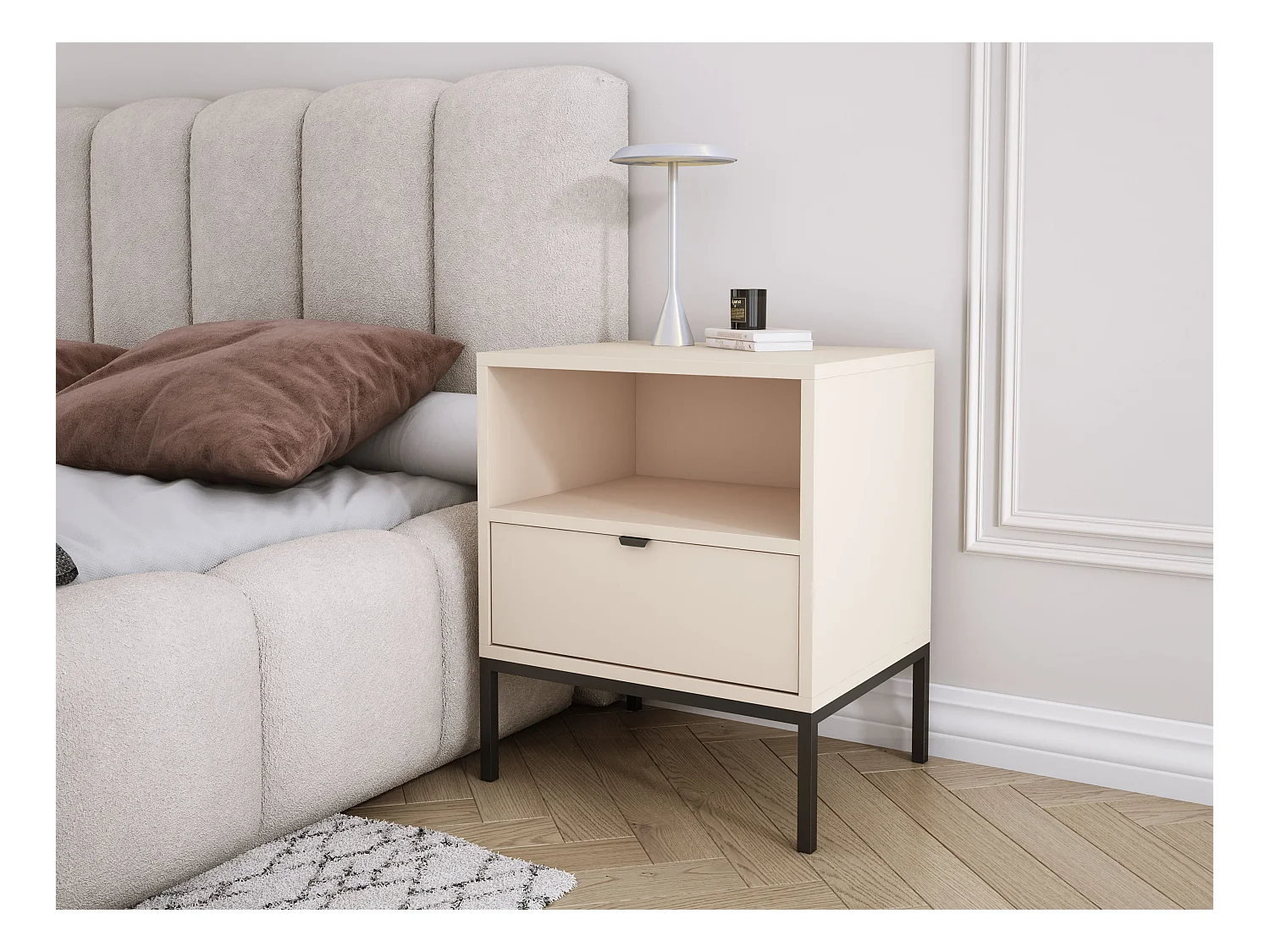 Mesa de cabeceira com gaveta e estrutura, puxadordourado, Caxemira, 50 x 40 x 58 cm