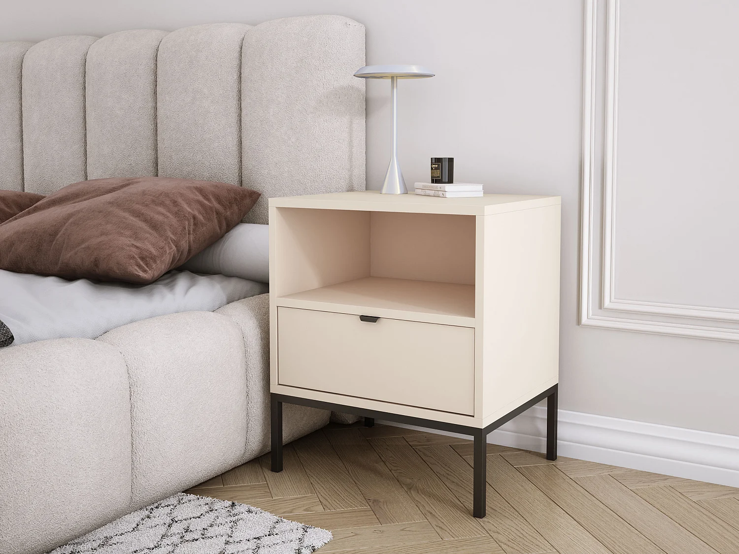 Table de chevet avec tiroir et cadre, poignée dorée, Cachemire, 50 x 40 x 58 cm