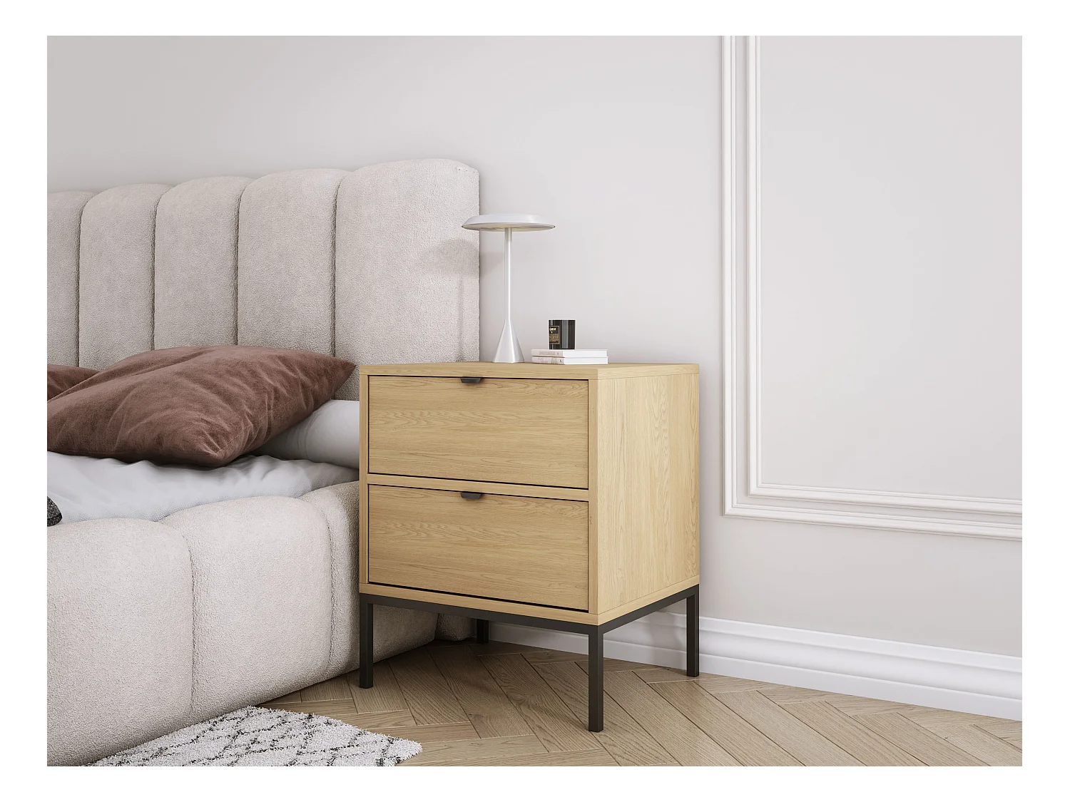 Table de chevet avec deux tiroirs et cadre, poignée dorée , Chêne Cremona, 50 x 40 x 58 cm