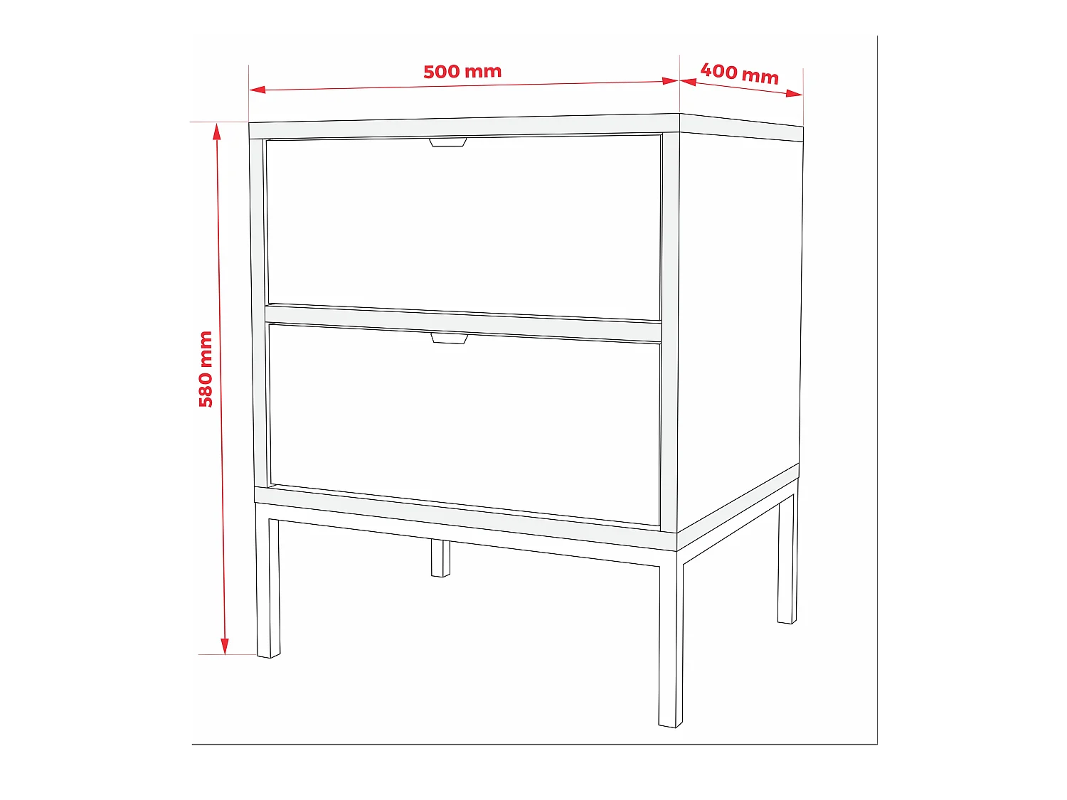Nachtkastje met twee lades en frame, gouden handgreep, Cremona eiken, 50 x 40 x 58 cm