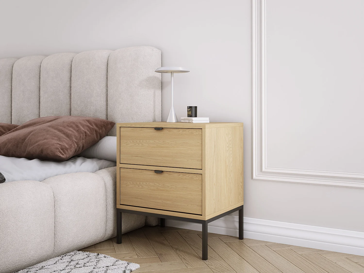 Table de chevet avec deux tiroirs et cadre, poignée dorée , Chêne Cremona, 50 x 40 x 58 cm