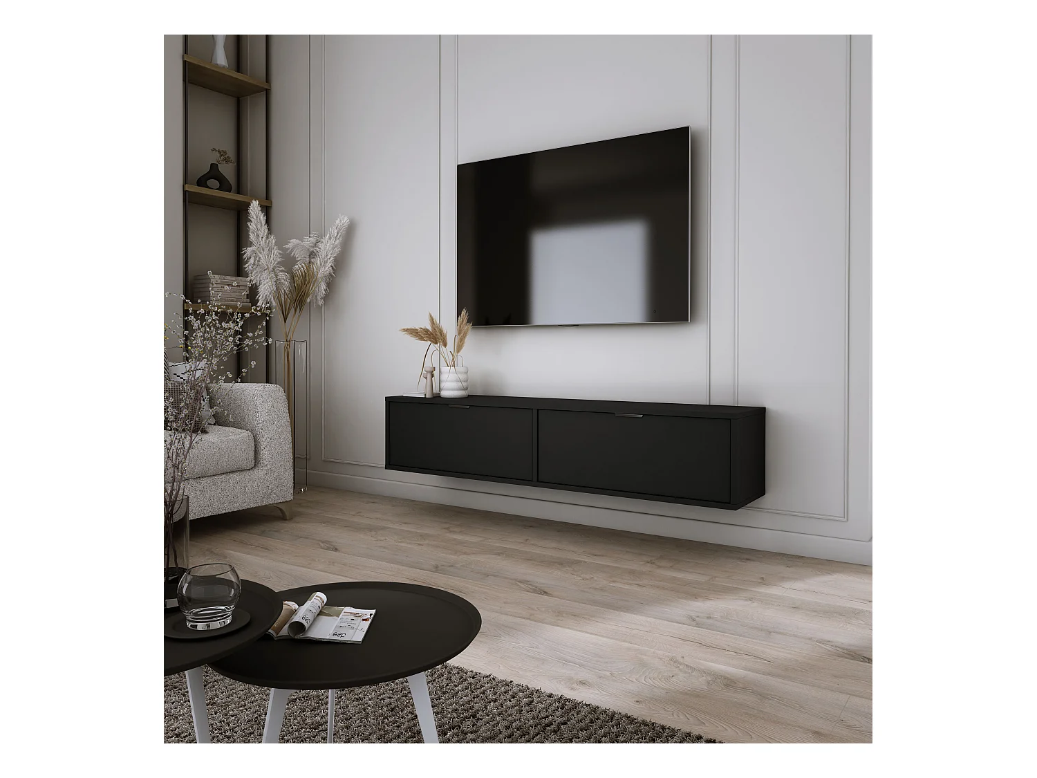 Mueble de TV colgante, negro, 30 x 140 x 33 cm, tiradores negros