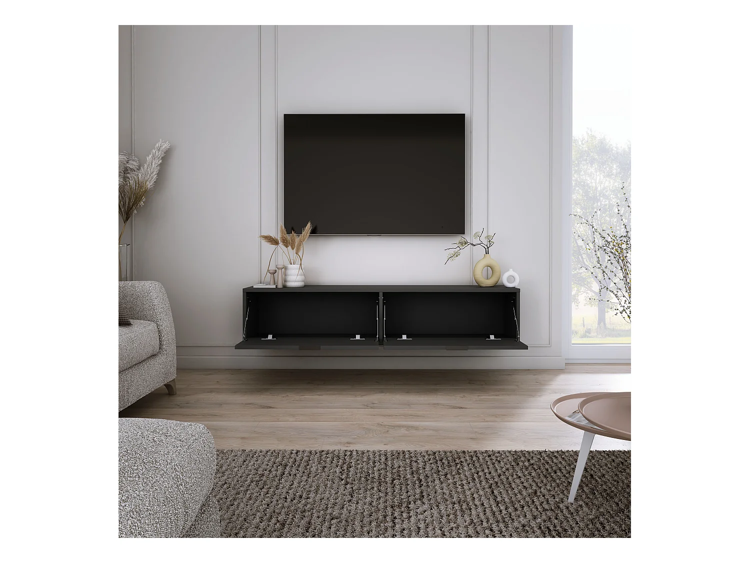 Mueble de TV colgante, negro, 30 x 140 x 33 cm, tiradores negros