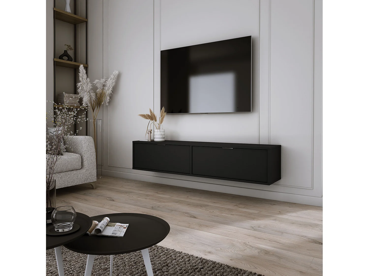 Meuble TV suspendu, Noir, 30 x 140 x 33cm, poignées noires