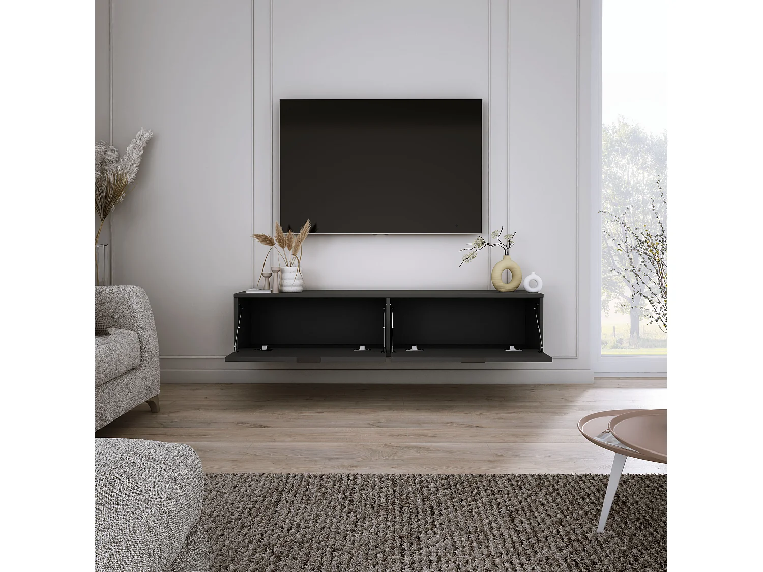 Meuble TV suspendu, Noir, 30 x 140 x 33cm, poignées noires