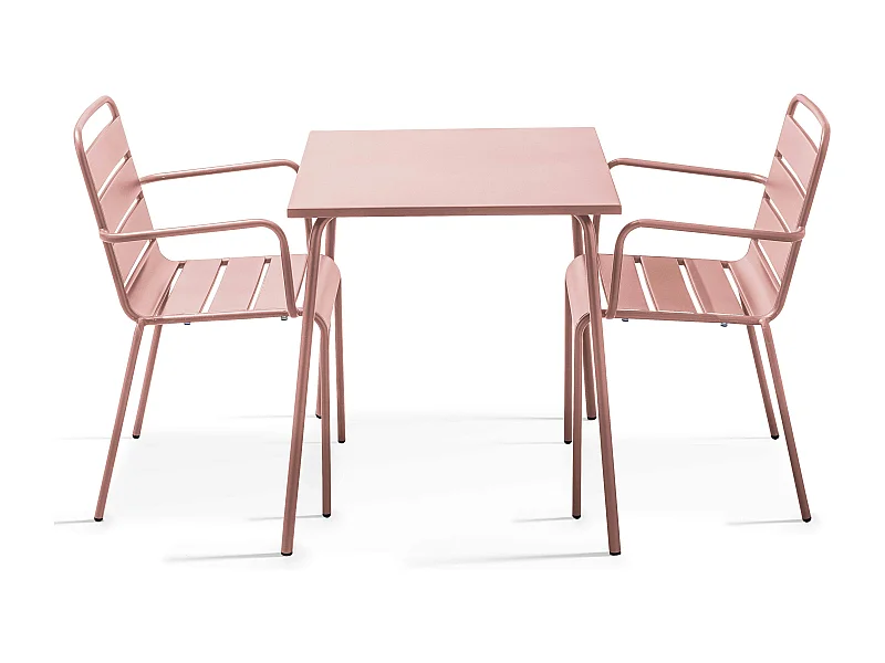 Ensemble table de jardin carrée et 2 fauteuils acier Rose poudré - Palavas