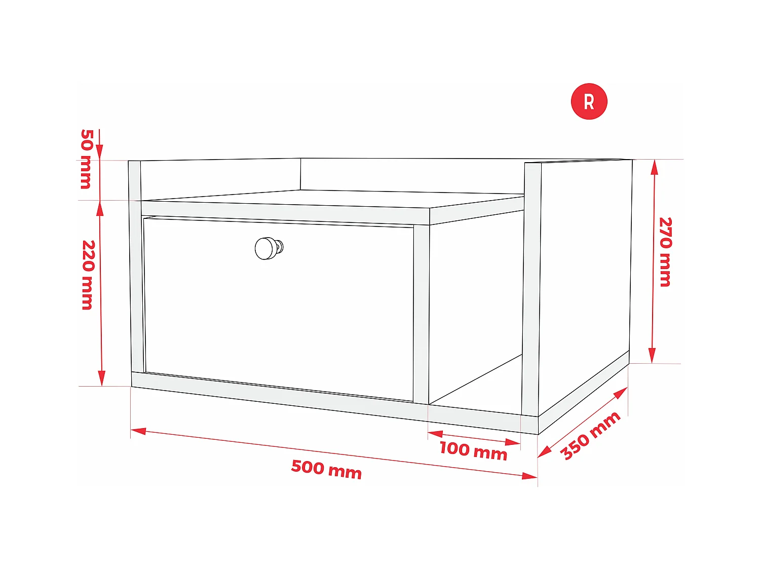 Mesita de noche con cajón y tirador dorado, color CAJUN, 50 x 35 x 27 cm, lado izquierdo