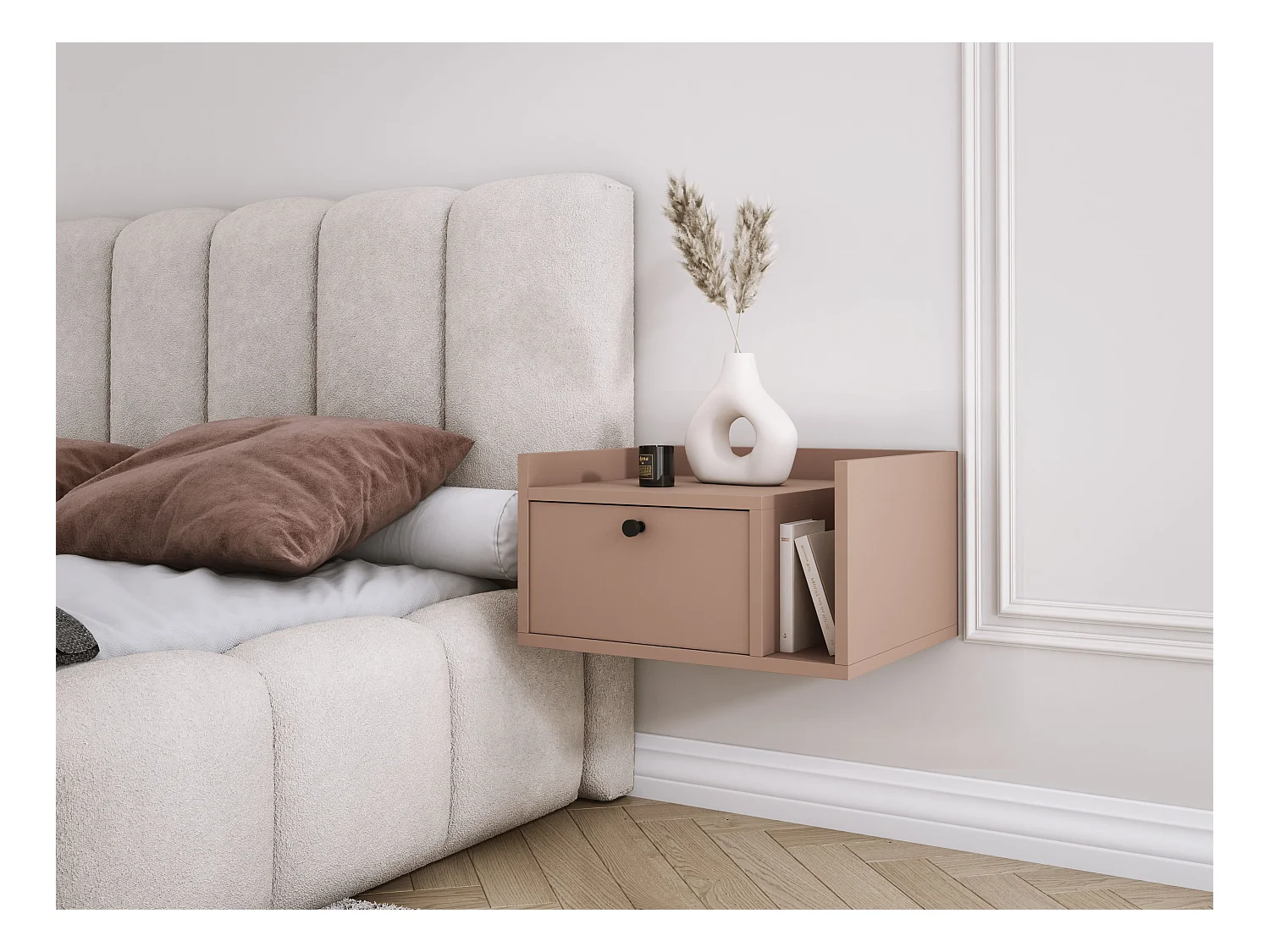 Mesita de noche con cajón y tirador dorado, color CAJUN, 50 x 35 x 27 cm, lado izquierdo