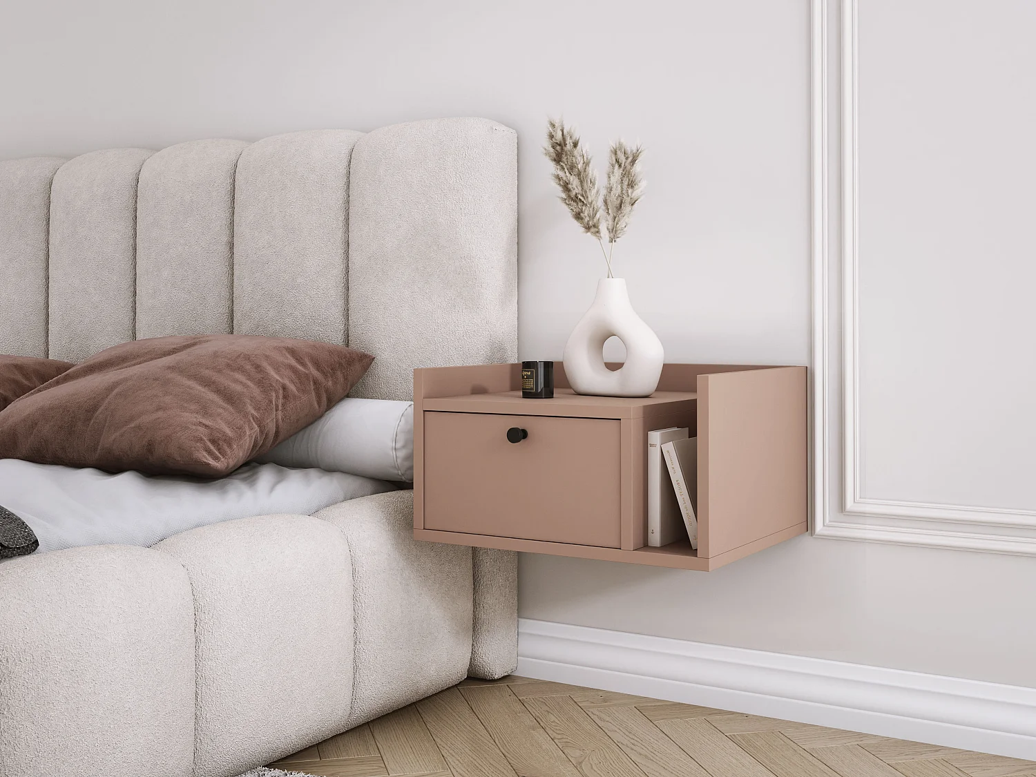 Comodino con cassetto e maniglia dorata, colore CAJUN, 50 x 35 x 27 cm, lato sinistro