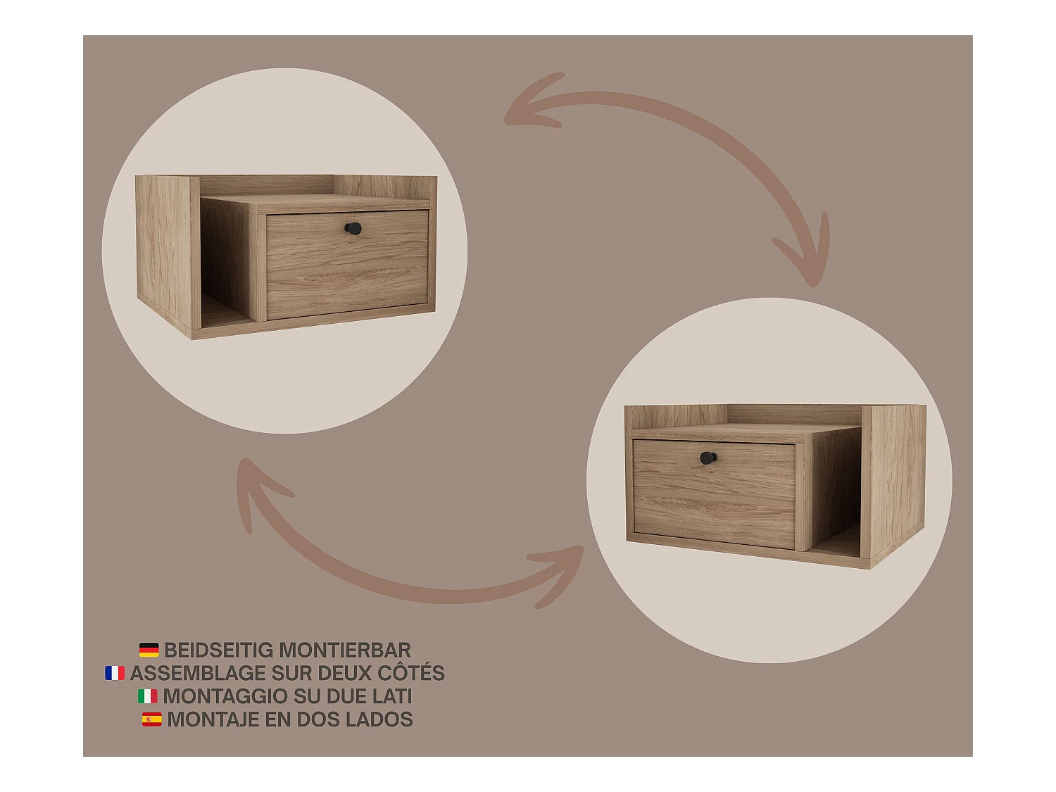 Table de chevet avec tiroir et poignée dorée, Noyer foncé Rockford, 50 x 35 x 27 cm, côté gauche