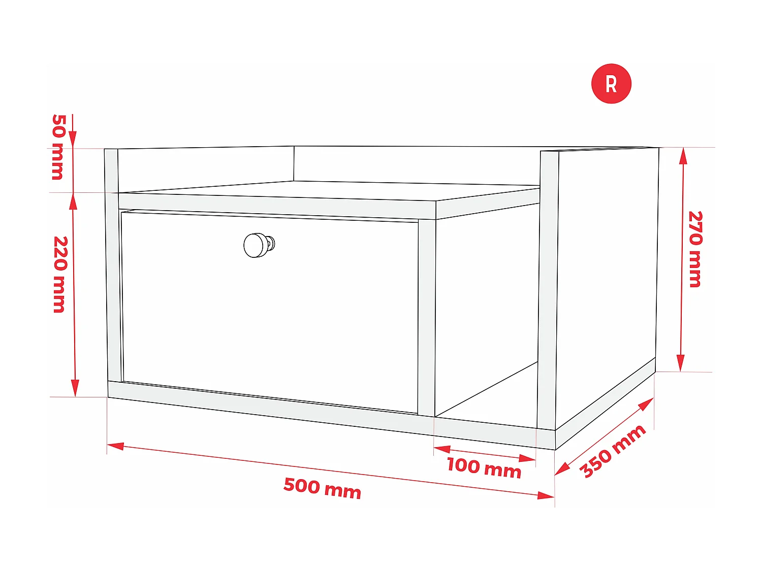 Table de chevet avec tiroir et poignée dorée, Noyer foncé Rockford, 50 x 35 x 27 cm, côté gauche
