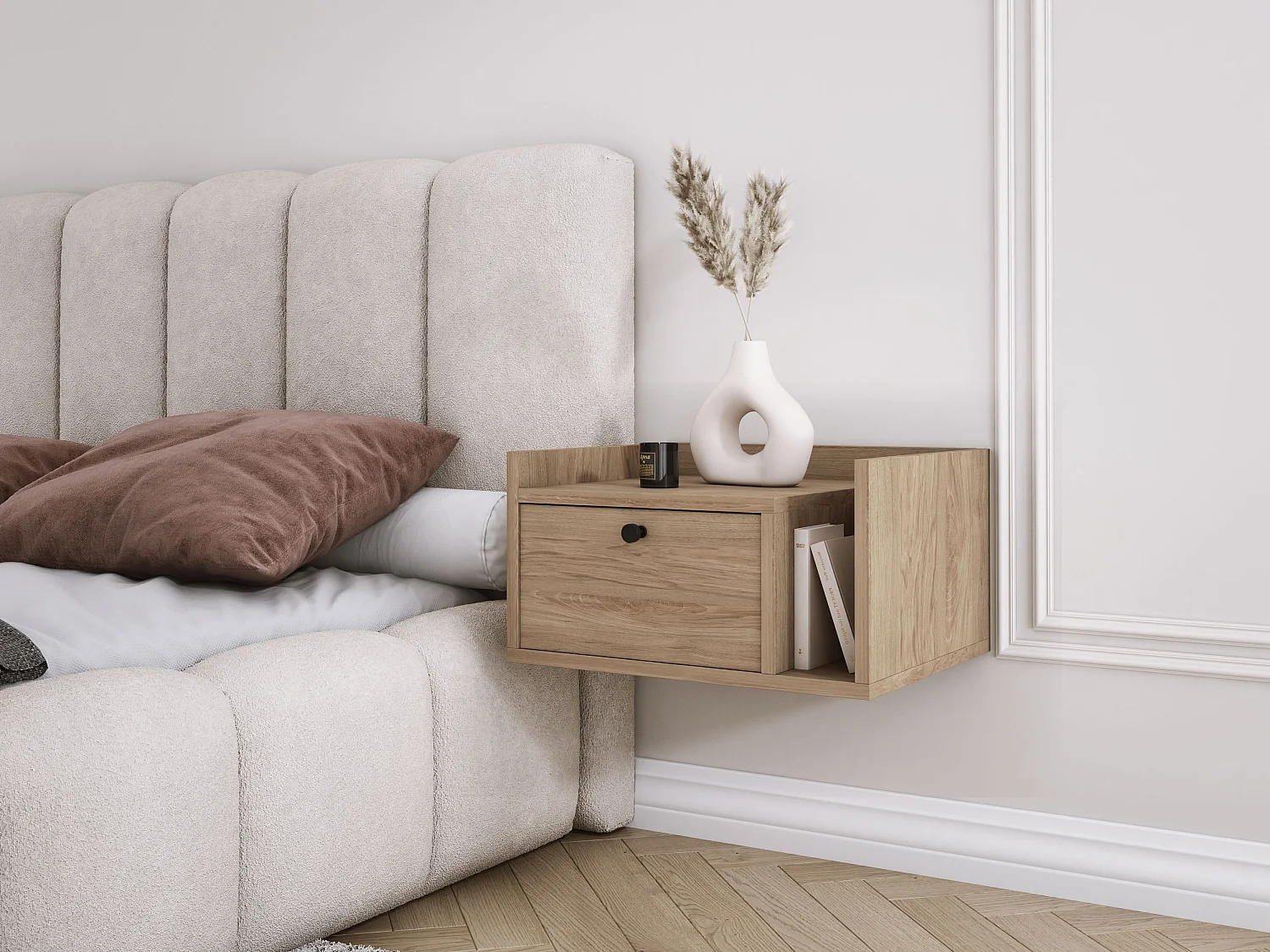 Table de chevet avec tiroir et poignée dorée, Noyer foncé Rockford, 50 x 35 x 27 cm, côté gauche