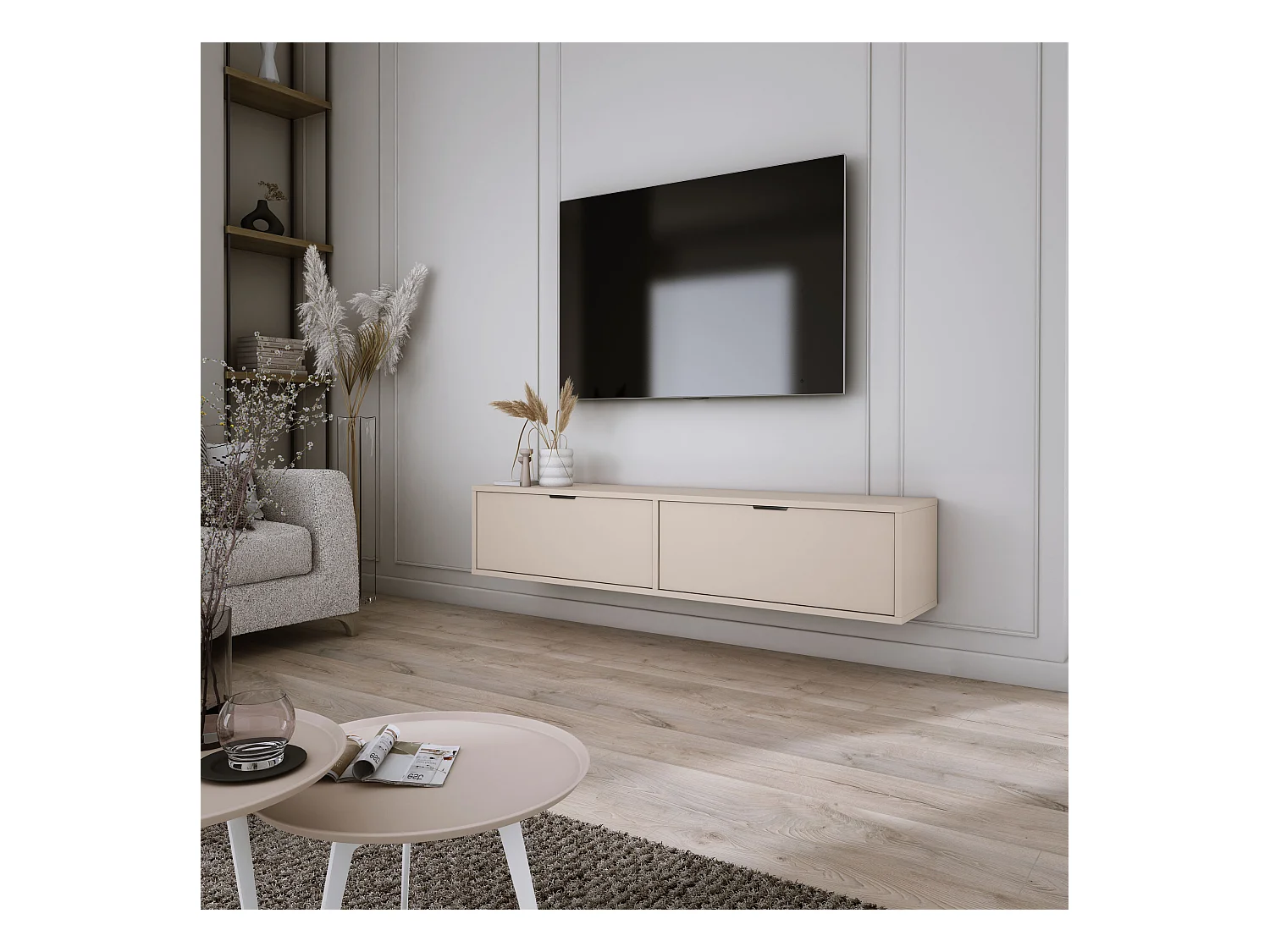 Meuble TV suspendu, Cachemire, 30 x 140 x 33cm, poignées noires