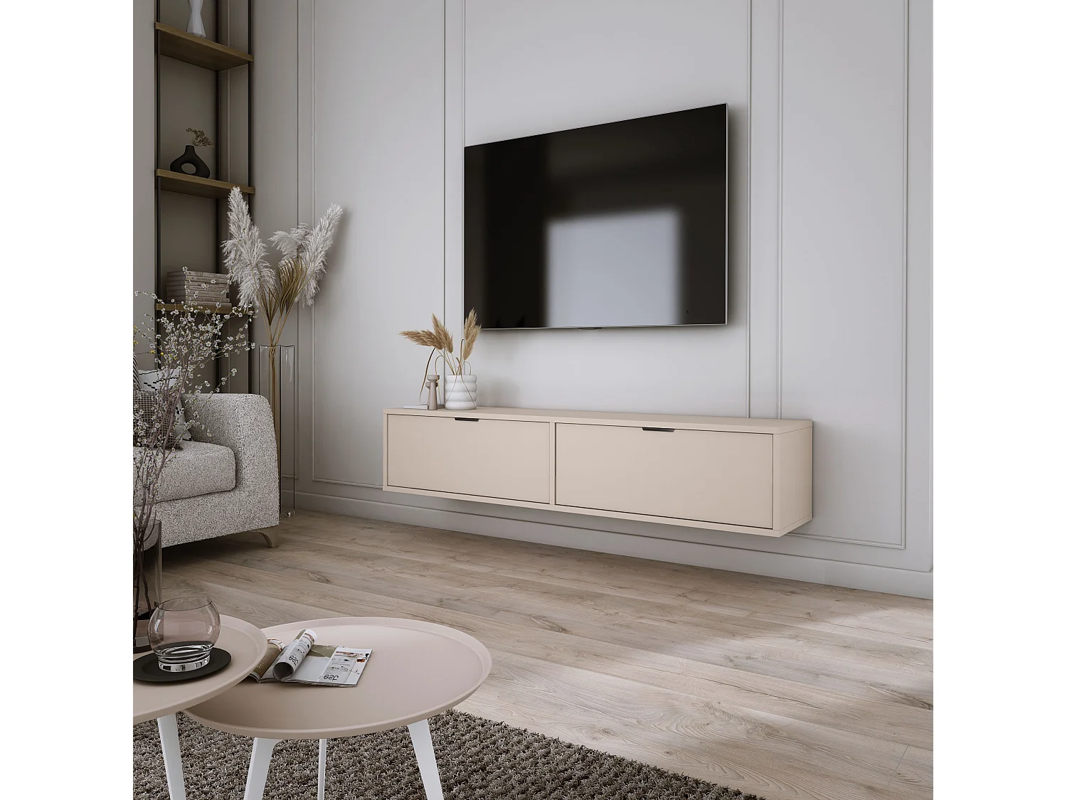 Meuble TV suspendu, Cachemire, 30 x 140 x 33cm, poignées noires