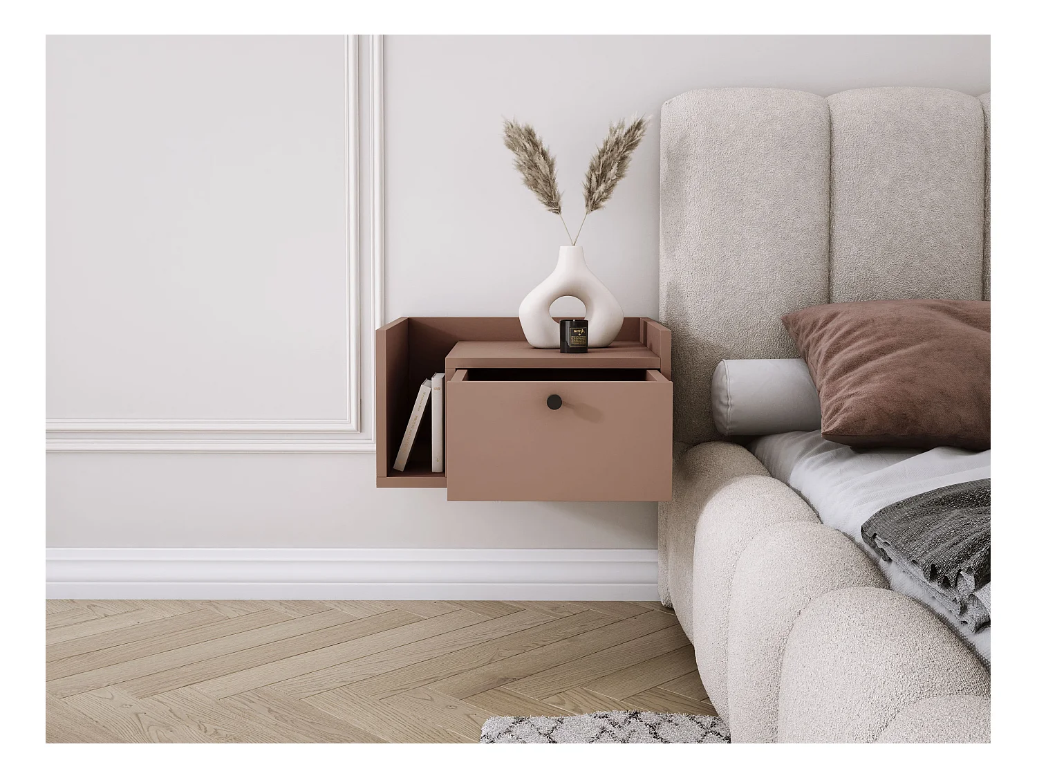 Mesita de noche con cajón y tirador dorado, color CAJUN, 50 x 35 x 27 cm, lado derecho