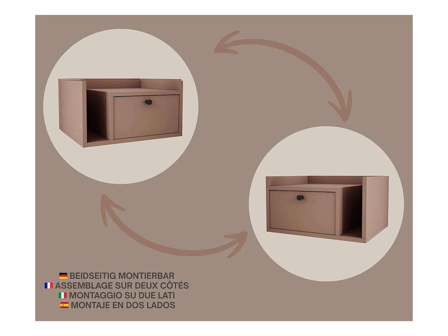 Mesita de noche con cajón y tirador dorado, color CAJUN, 50 x 35 x 27 cm, lado derecho