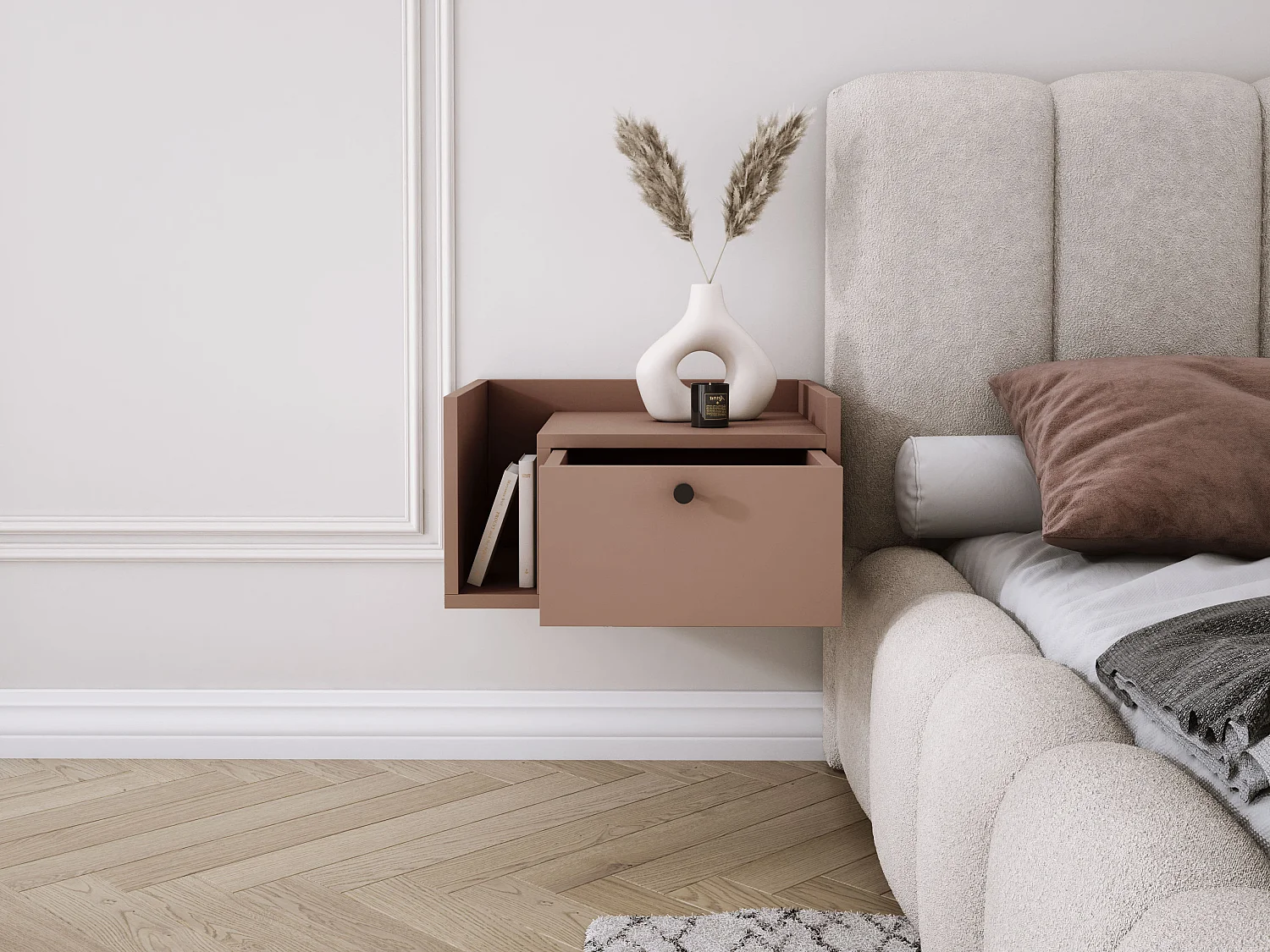 Comodino con cassetto e maniglia dorata, colore CAJUN, 50 x 35 x 27 cm, lato destro