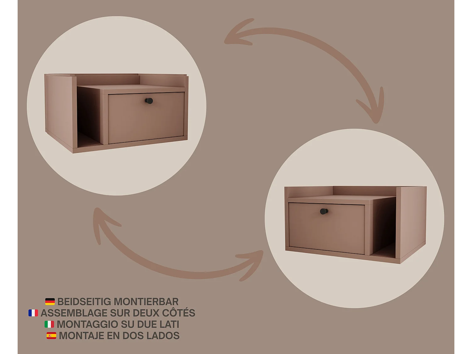 Comodino con cassetto e maniglia dorata, colore CAJUN, 50 x 35 x 27 cm, lato destro