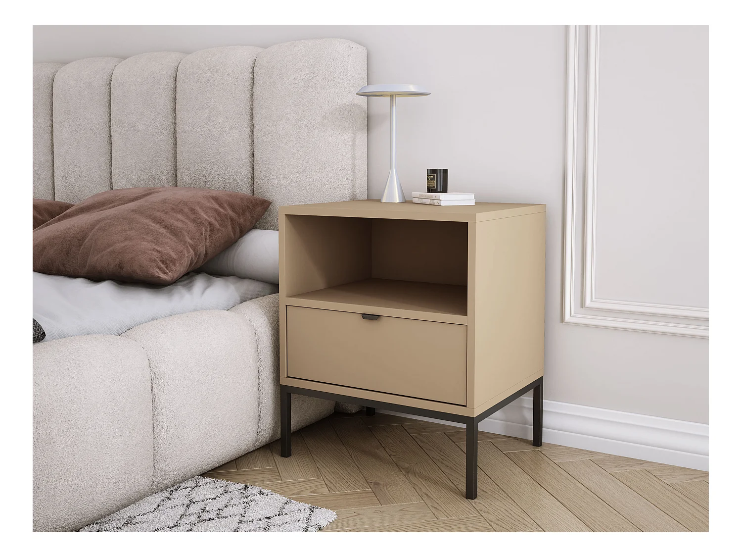Table de chevet avec tiroir et cadre, poignée dorée, couleur Cappuccino, 50 x 40 x 58 cm
