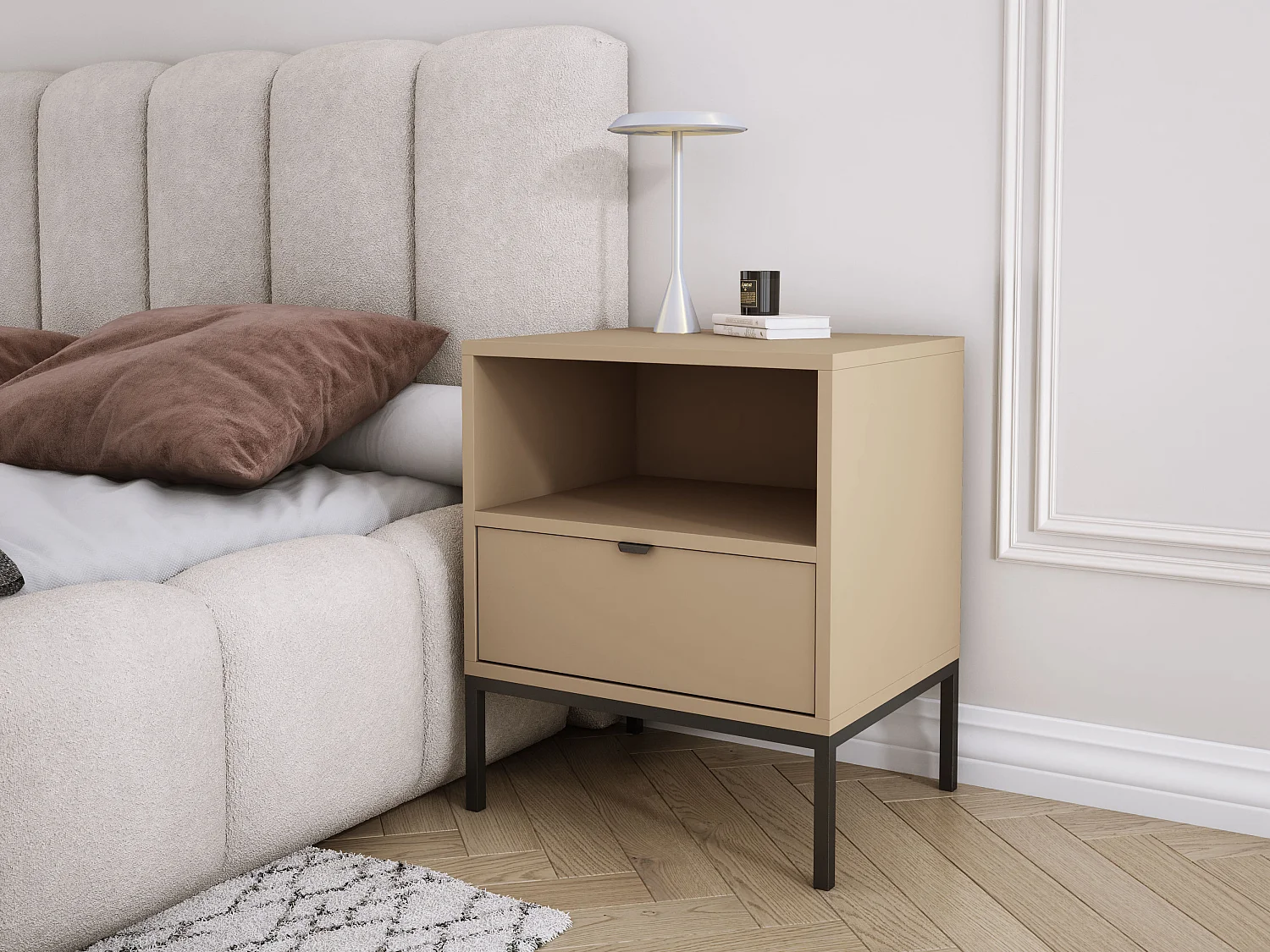 Table de chevet avec tiroir et cadre, poignée dorée, couleur Cappuccino, 50 x 40 x 58 cm