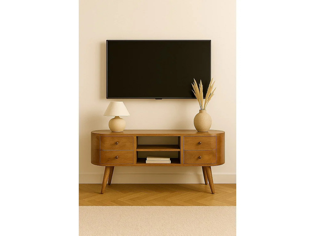 Artisan Furniture Solid Wood Rounded Entertainment Unit, Beige, 4Drawers