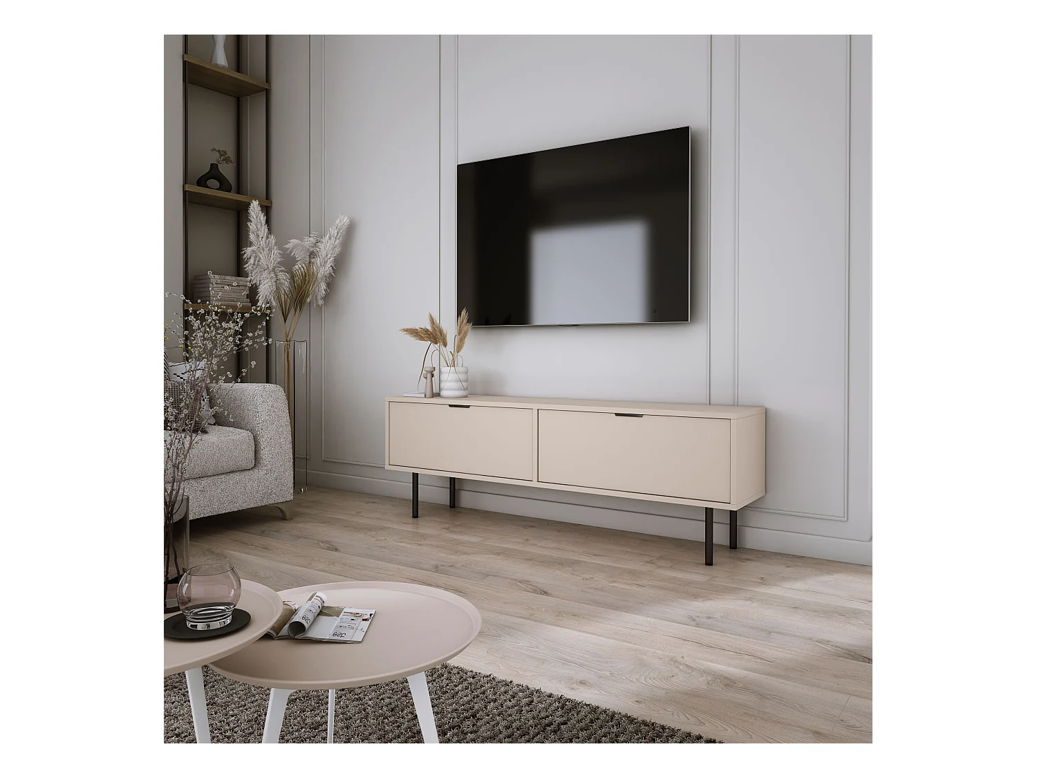 Meuble TV Cachemire, 45 x 140 x 33cm, poignées noires, pieds 15 cm