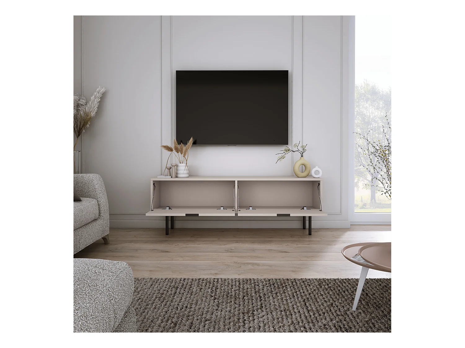 Meuble TV Cachemire, 45 x 140 x 33cm, poignées noires, pieds 15 cm