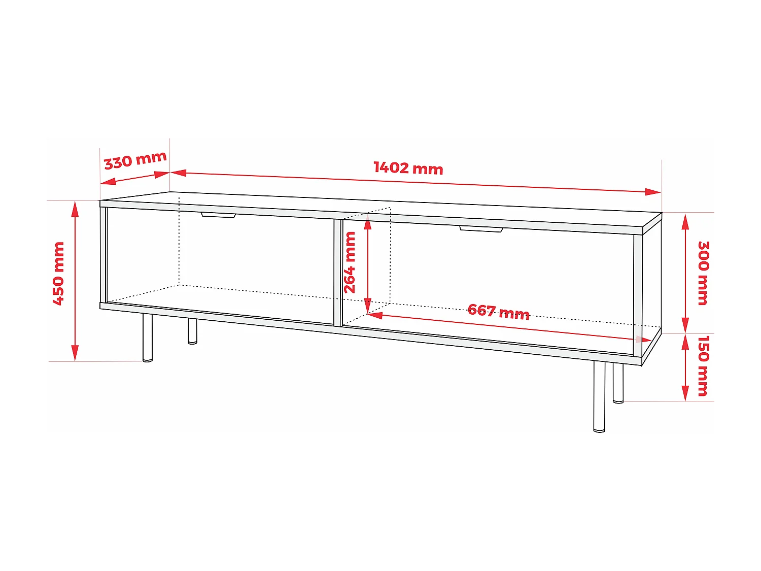 Meuble TV Cachemire, 45 x 140 x 33cm, poignées noires, pieds 15 cm